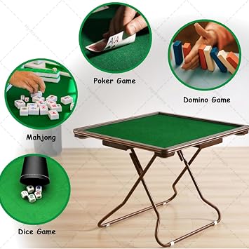Folding Mahjong Table, 4 Player Card Table with Cup Holders and Chip Grooves, Portable Puzzle Game Table for Board Games, Camping