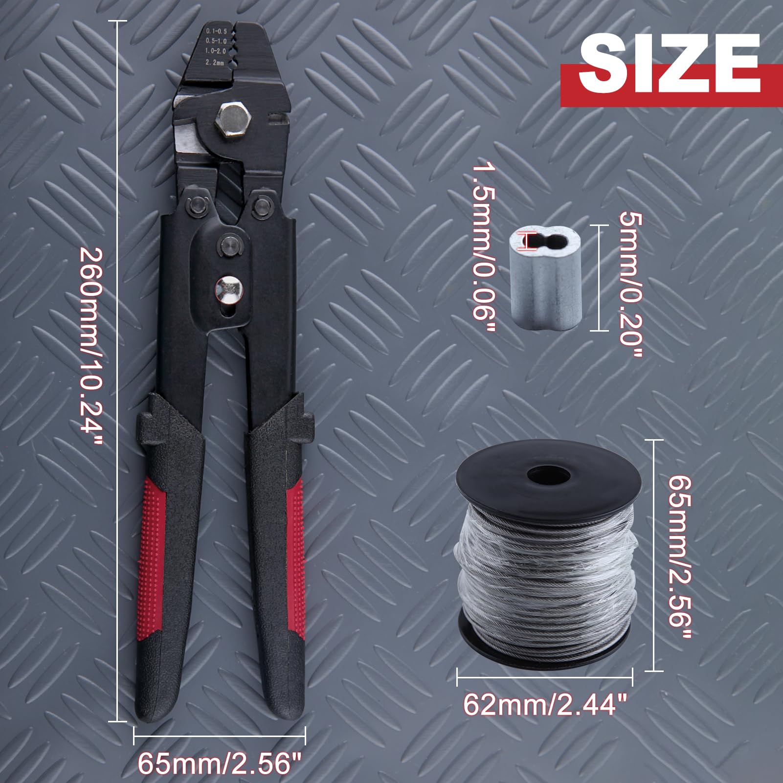 102 pezzi Kit di strumenti di crimpatura per funi metalliche, kit di crimpatura per la pesca con pinza a crimpare e fune metallica in acciaio inossidabile 304 da 50 m, 100 pezzi con