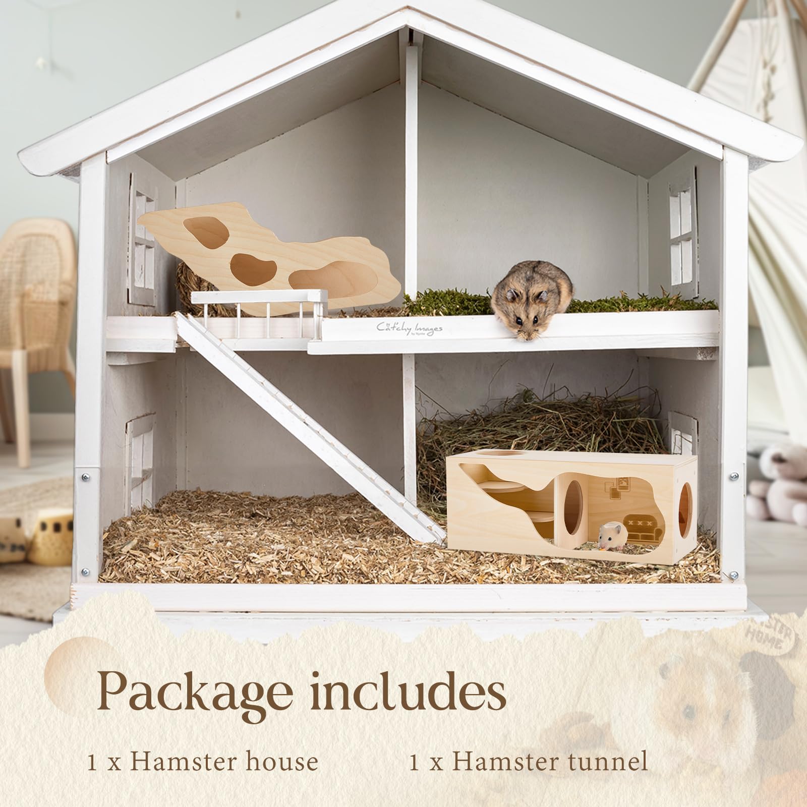 Seenelling Hamsterhaus und Hamster-Tunnel-Set, Erkundungstunnel, Hamsterversteck, Kletterleiter und mehrere Holzkammern, Hamsterhaus, Labyrinth für Kleintiere, Haustiere, Rennmäuse, Igel, Ratten,