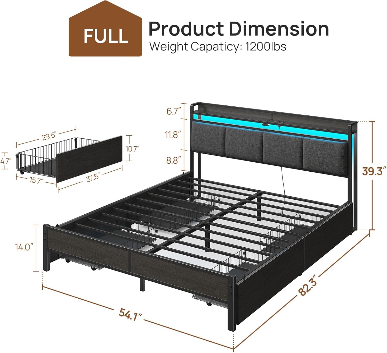 Rolanstar Full Size Bed Frame with Charging Station and LED Lights, Upholstered Storage Headboard with Drawers, Heavy Duty Metal Slats, No Box Spring Needed, Noise Free, Easy Assembly, Dark Grey - Image 2
