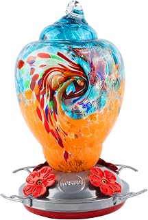 WOSIBO Hummingbird Feeder for Outdoors Patio Large 32 Ounces Colorful Hand Blown Glass Hummingbird Feeder with Ant Moat Hanging Hook, Rope, Brush and Service Card (Blue-Orange)
