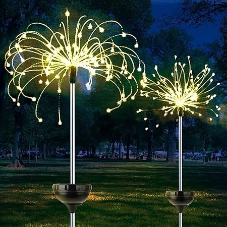 Frixen Solar Garden Lights, Firework Garden Lights, Cool White LED Solar Garden Decorative Light, for Yard, Patio, Pathway, Decoration, 2 Pack