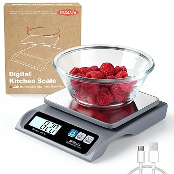 BOMATA 0.1g/ 13lb Food Scale, USB Rechargeable, Digital Kitchen Scale with Removable Stainless Steel Pan, Backlit LCD Display, for Cooking, Baking B621 Grey