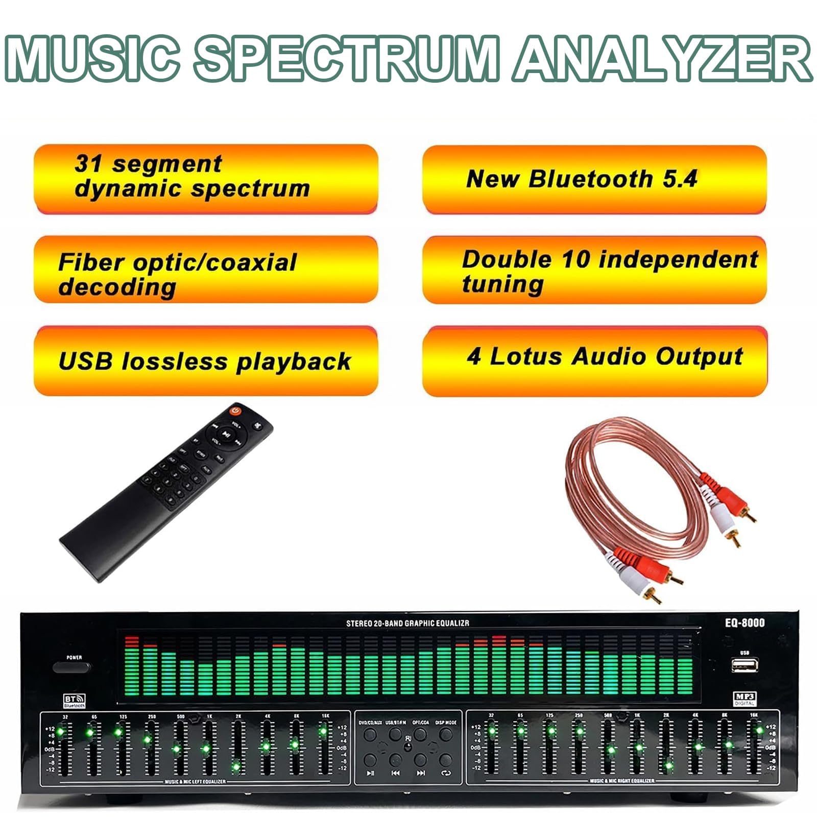 Égaliseur audio professionnel 31 bandes avec réduction du bruit, affichage du spectre dynamique, 12 modes de rythme et télécommande pour concerts et studios d'enregistrement