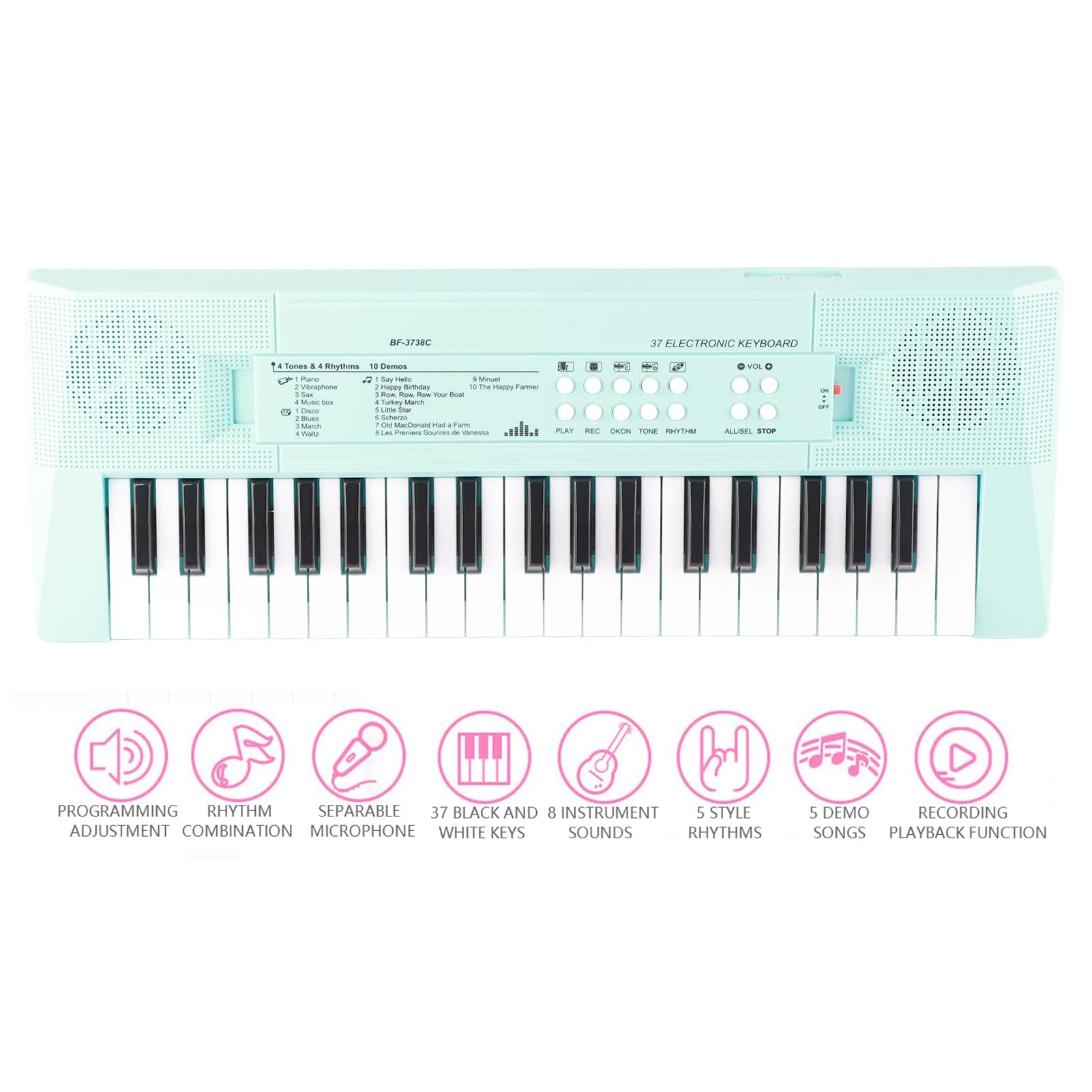 BF-3738C piano eléctrico con teclado de 37 teclas con micrófono y teclado musical y regalo de juguete para principiantes, niños y estudiantes(Azul)