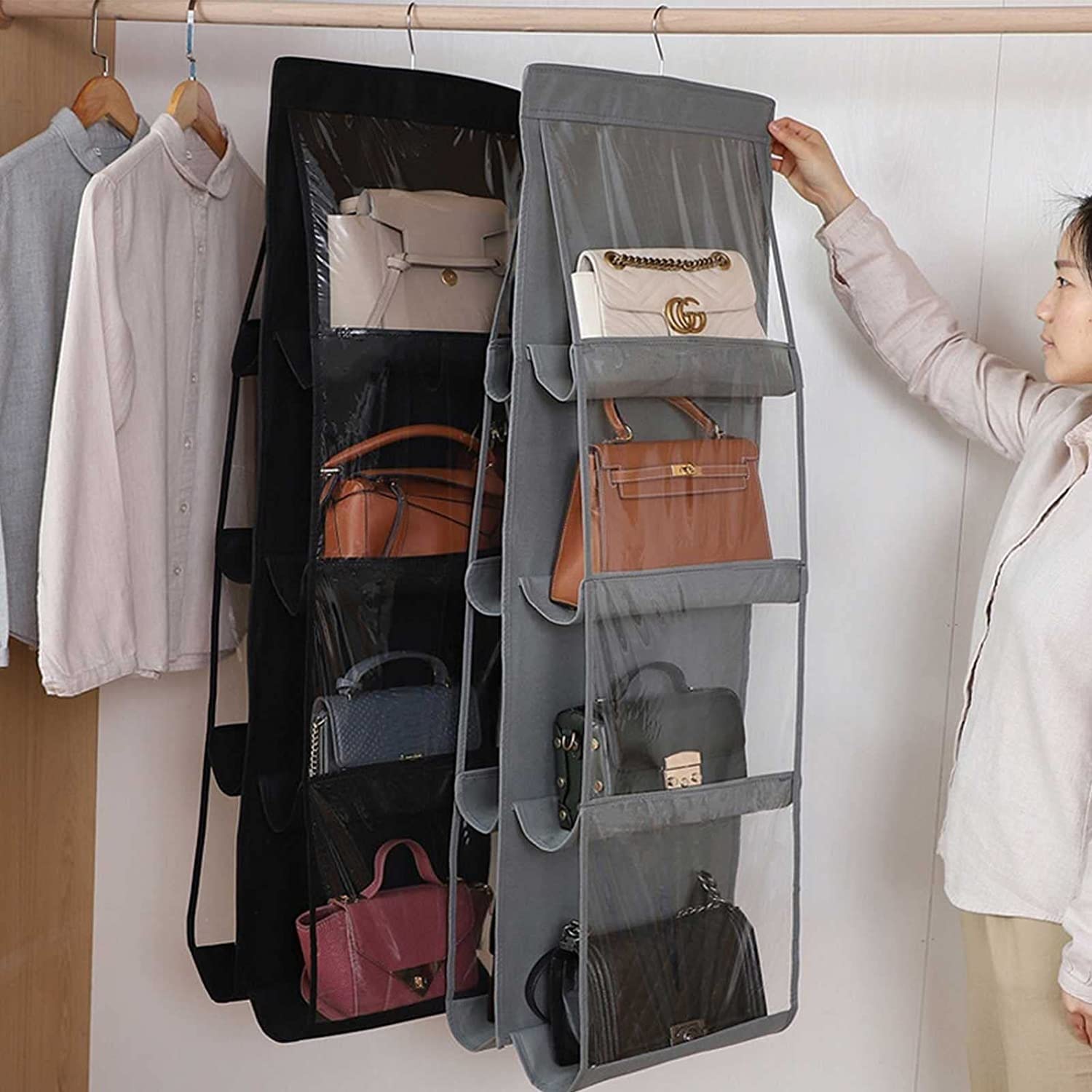2 Pièces Organisateur De Sac À Main Suspendu 8 Poches Faciles D'accès Penderie Placard Sac De Rangement Suspendu Transparent Organisateur De Sac À Main Souple Et Pliable Anti-poussière