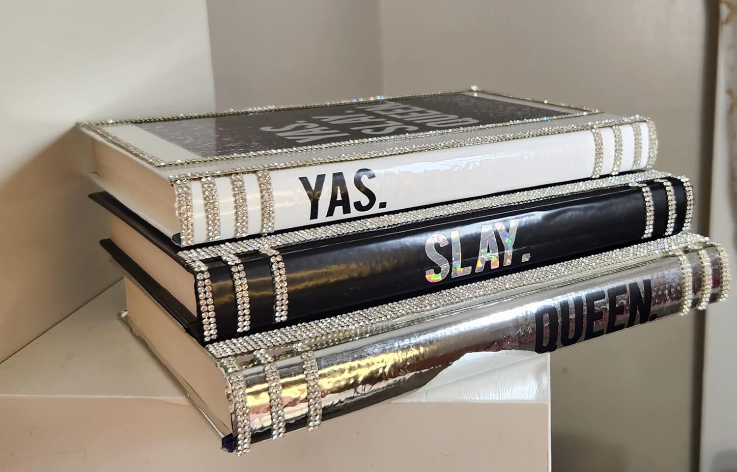 Custom Glam Coffee Table Book Stack (Set of 3). Silver, Black & White Books. Glam Home Decor. Makeup Room Decor