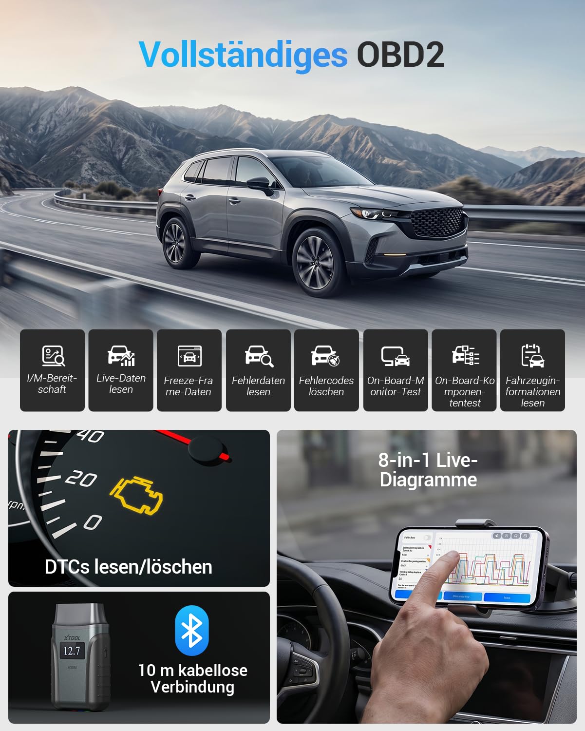 XTOOL A30M OBD2 Diagnosegerät Bluetooth, Diagnosegerät Auto mit Bidirektionaler für Alle Systeme, Kfz-Auslesegerät für Android/iOS mit 26+ Resets (Öl/ABS/BMS/DPF), CAN FD, Lebenslange Updates