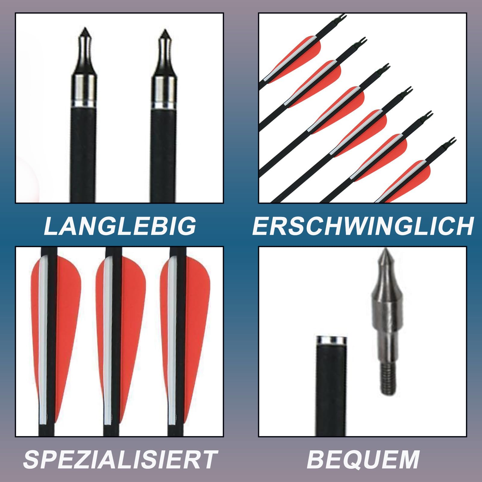 30 Zoll Carbon Pfeil mit 100 Korn abnehmbare Spitzen Spine 550 für Compound & Recurve Bogen (Packung von 12)