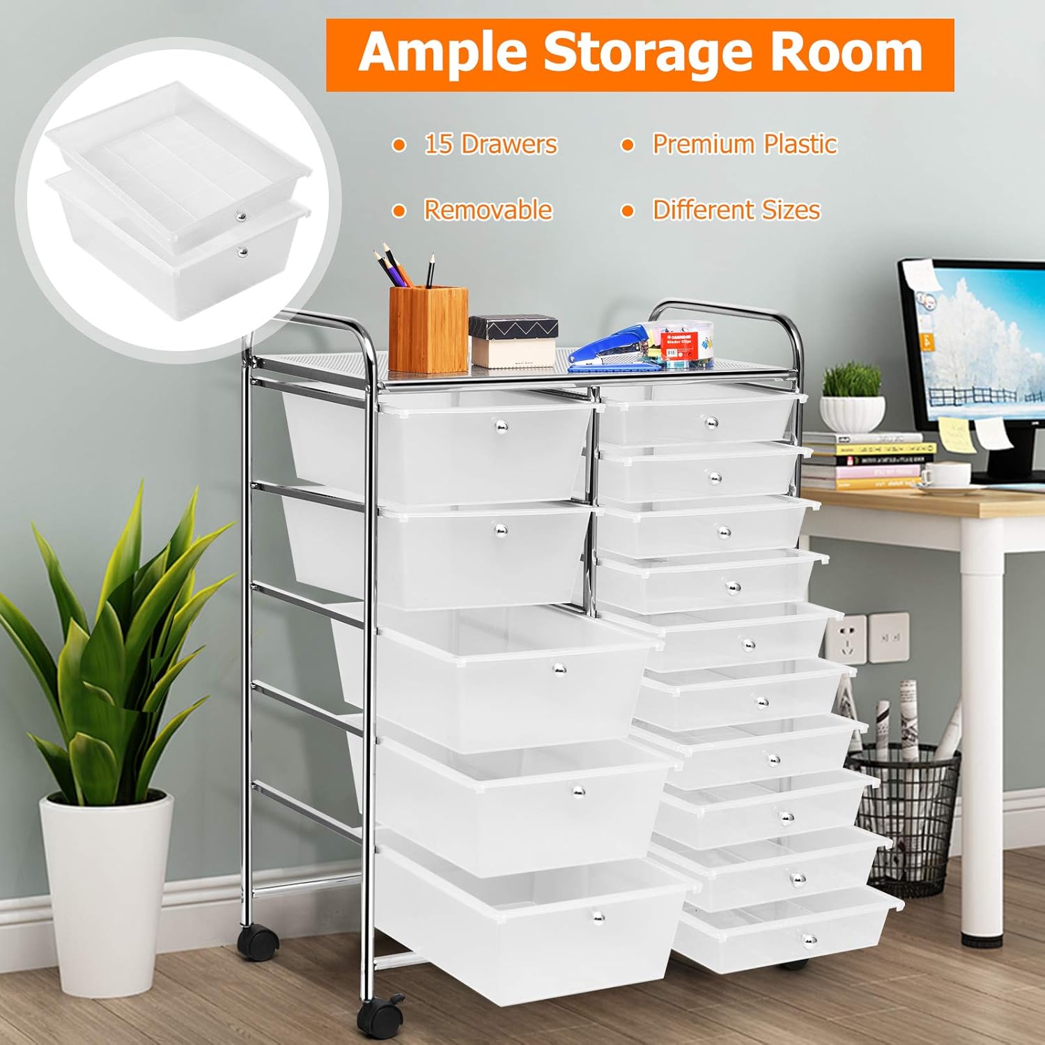 15 Drawers Rolling Storage Cart, Mobile Utility Drawer Cart with Lockable Wheels for Crafts, Tools, Arts Supplies, Multipurpose Organizer Home Office School, DR- HW53825