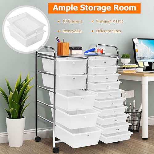 Miniatura 4 de Carrito de almacenamiento con ruedas de 15 cajones, carrito de almacenamiento móvil con ruedas bloqueables para manualidades, herramientas,