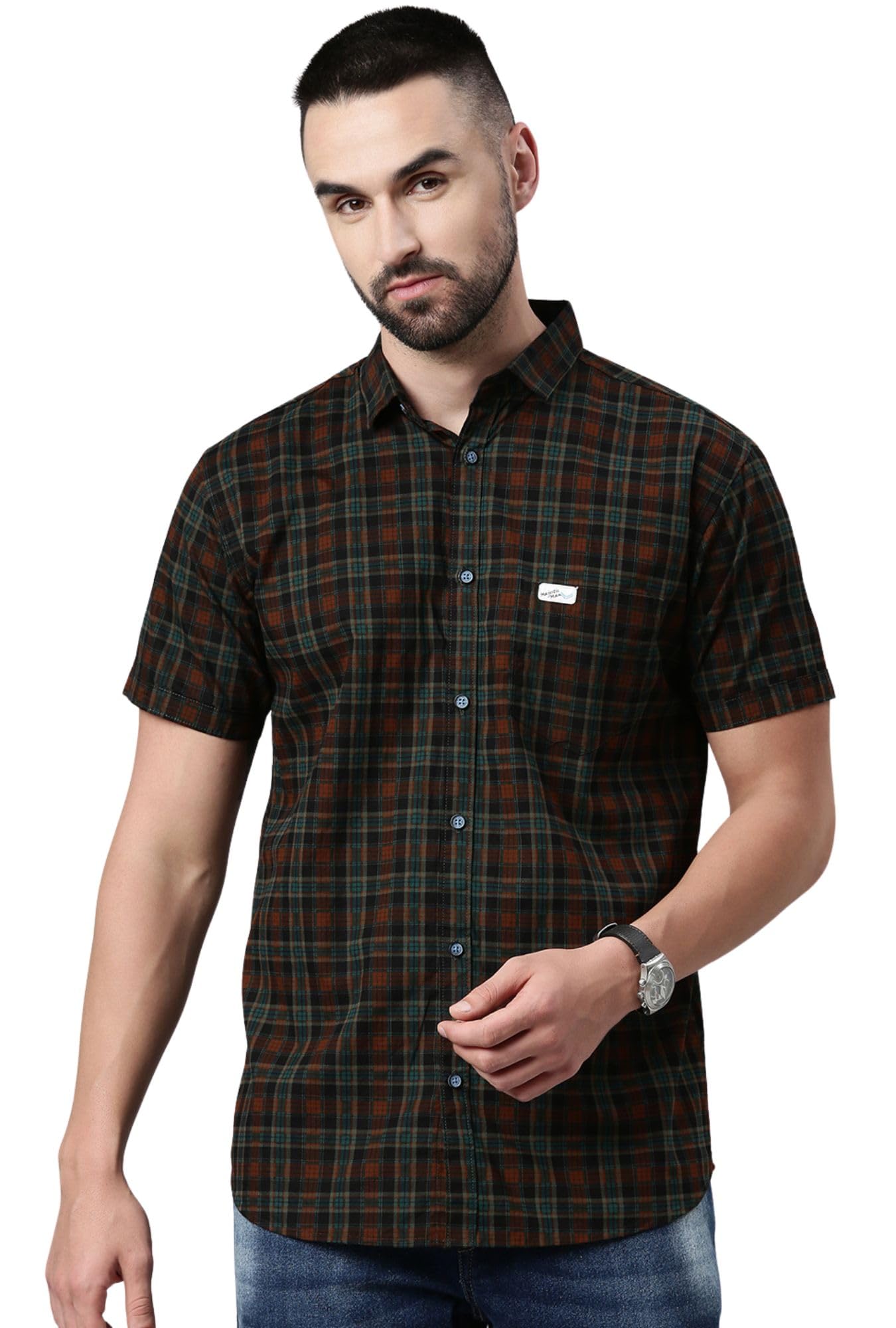 Men Cotton Checkered Half Sleeve Slim Fit Casual Shirt