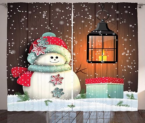 Ambesonne Cortinas de Navidad, muñeco de nieve con sombrero de Papá Noel en el jardín con una caja de regalo y velas, imagen de dibujos animados