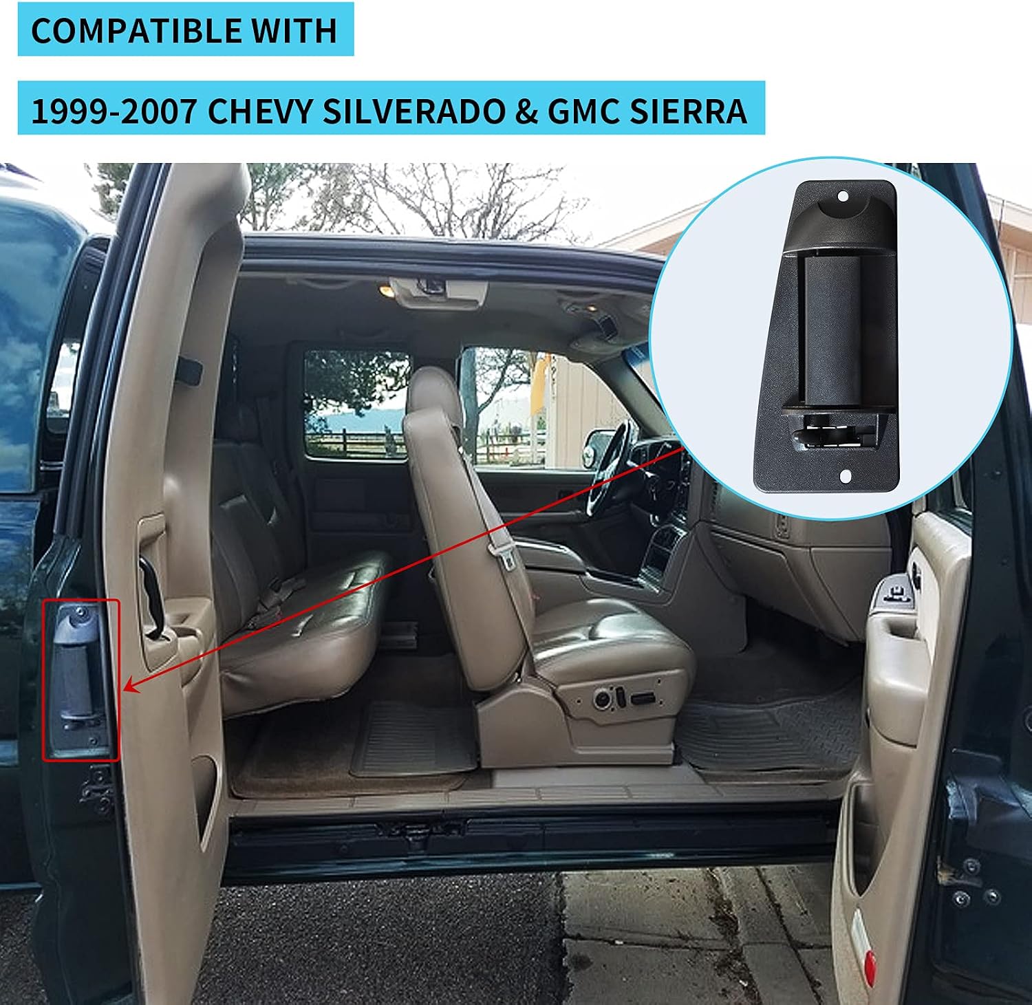 MuHize Right Rear Door Handle for 1999-2007 Chevy Silverado & GMC Sierra Extended Cab - Passenger Side Door Handles Direct Fit Replacement Handle (Black)