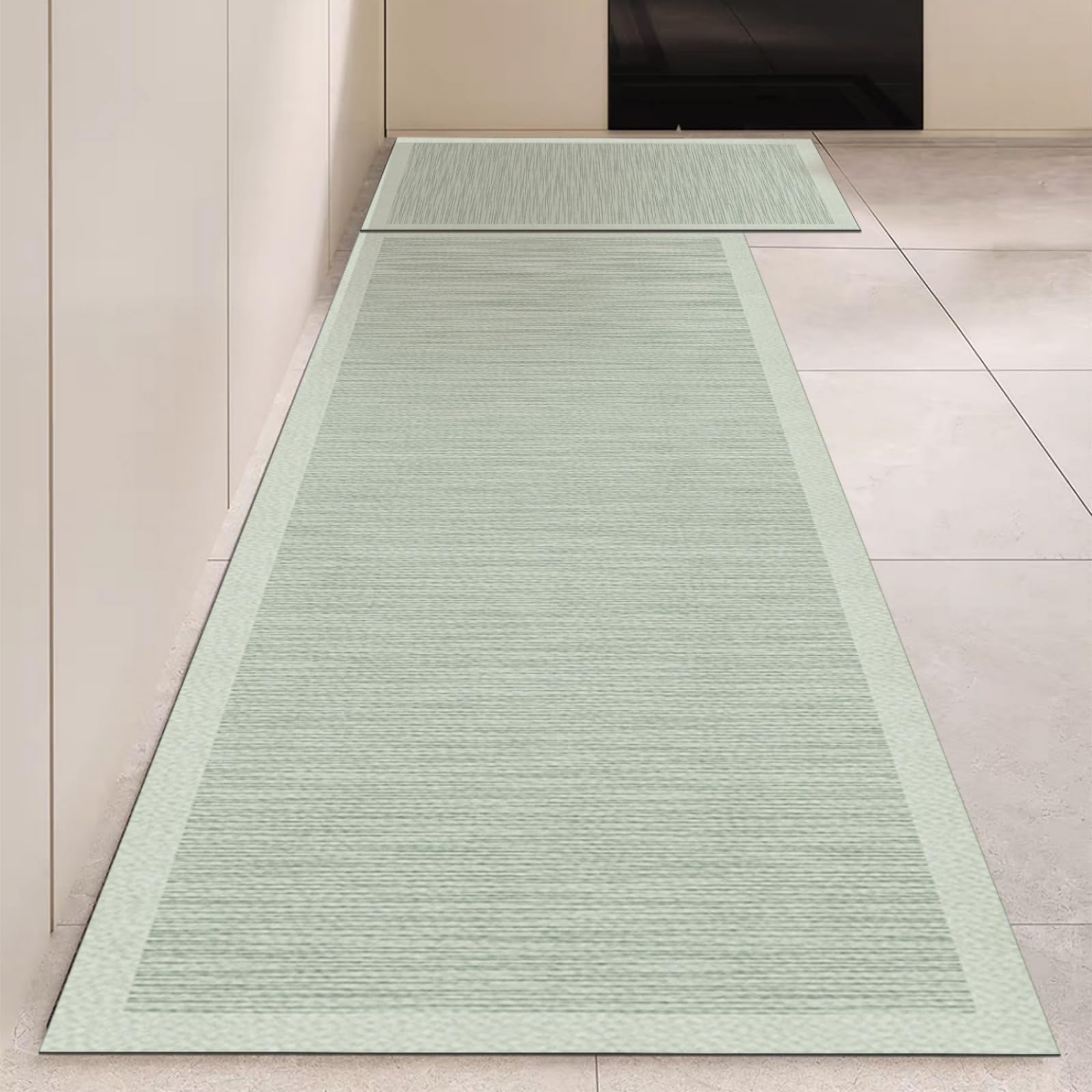 Tappeto Cucina 40X60Cm+40X120Cm Verde Chiaro Tappeto Cucina Antiscivolo Lavabile Set Di 2 Pezzi,Tappetino Multiuso In Pelle,Comodità E Resistente,Per Ingresso,Camera,Bagno