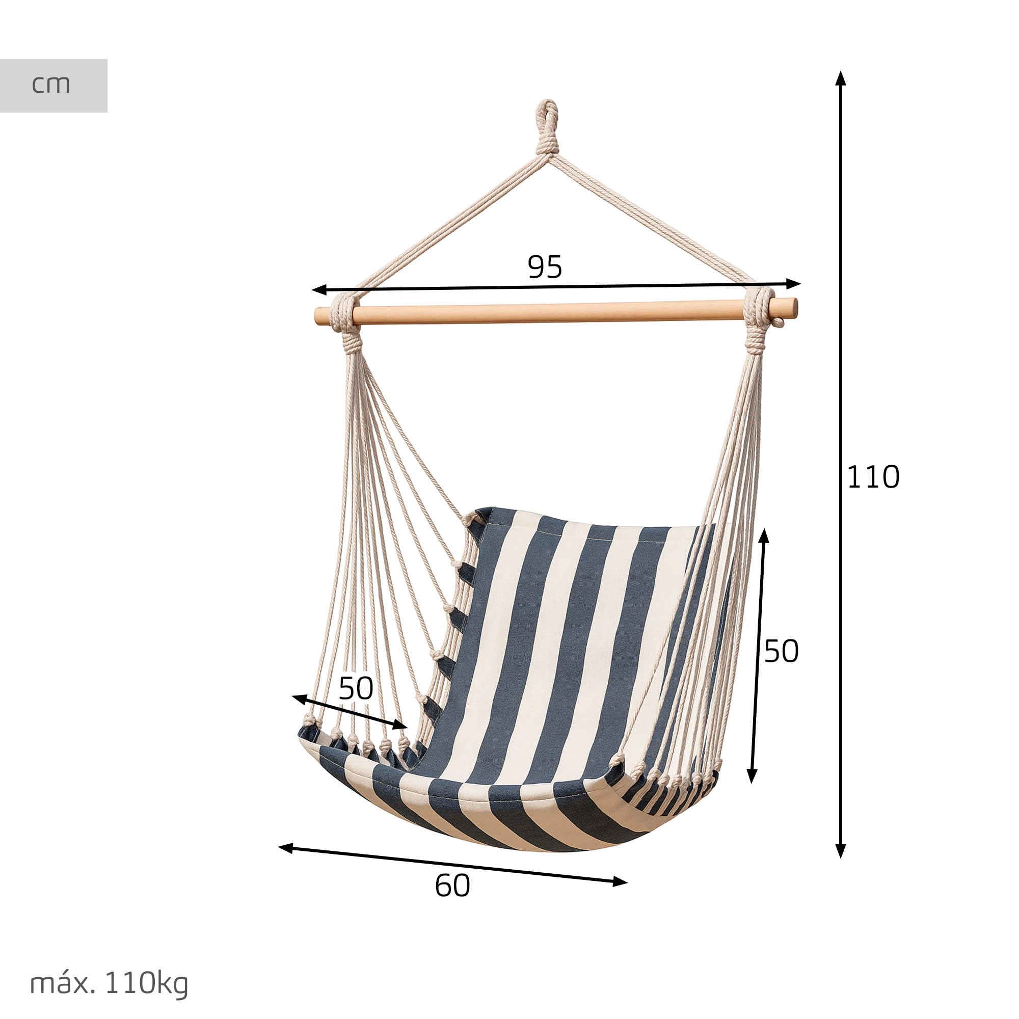 AKTIVE 63164 Chaise Suspendue, 90 x 55 x 125 cm, en Coton et Polyester à Rayures, avec Support supérieur en Bois et Cordes de Fixation, capacité jusqu'à 110 kg, pour Jardin, terrasse ou Camping