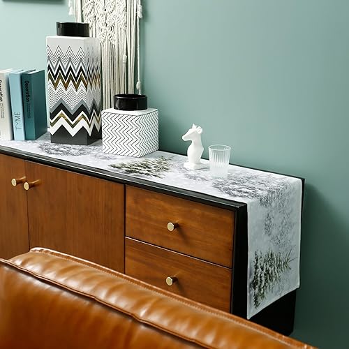 Miniatura 6 de Camino de mesa de invierno, lino de algodón, bufandas de tocador de vacaciones de 90 pulgadas, diseño de árbol de pino nevado de Navidad, diseño de