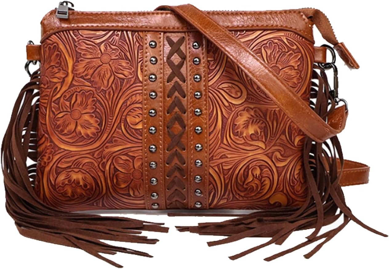CORIOS Fringe Crossbody Bag Women Boho Hobo Shoulder Bag Messenger Satchel Bag with Ethnic Floral Emboss Summer Beach Bag
