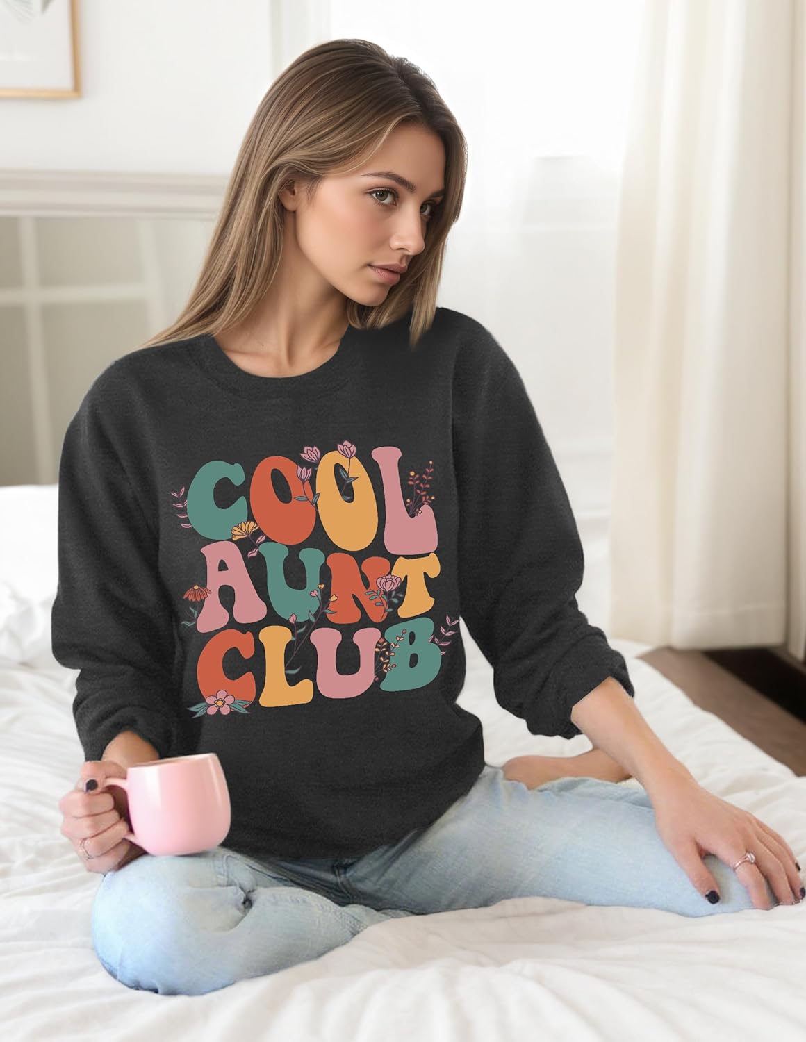 Womens Aunt Sweatshirt Cool Aunt Club Shirt Funny Auntie Letter Print Pullover Tops Crewneck Sweatshirt for Auntie - Image 3