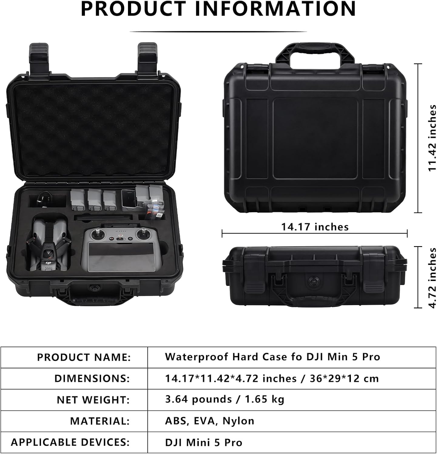 Carrying Case for DJI Mini 5 Pro, Waterproof Hard Case Compatible with DJI Mini 5 Pro Drone, RC-N/RC2 Controller, Batteries, Charging Hub, Filter and More Accessories