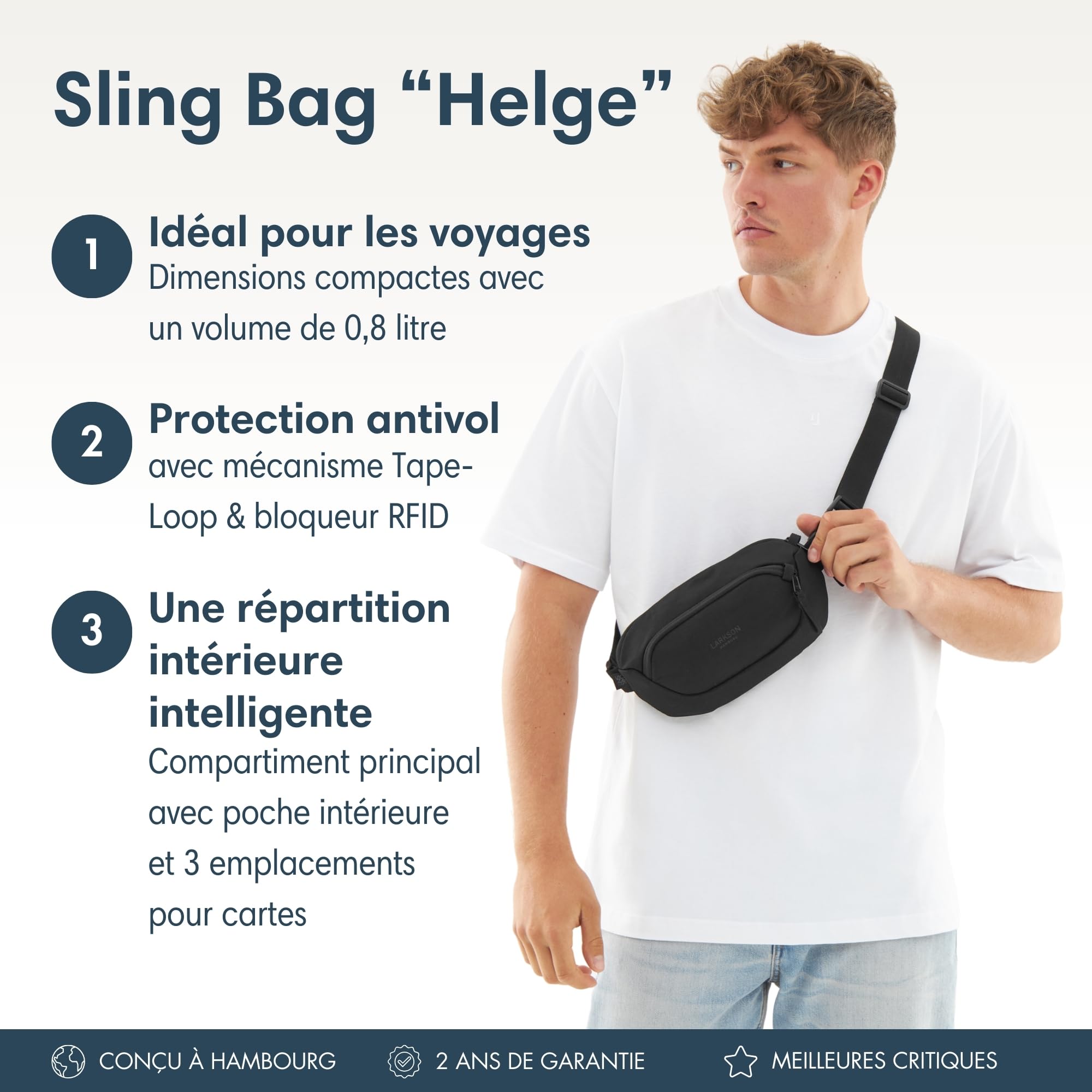Larkson Sacoche Bandoulière Femme & Homme Noir - Helge - Sac de Poitrine Sling Bag avec Bloqueur RFID & Passants Antivol par Fermeture Éclair - Rembourrage en Mesh - Résistant à l'eau