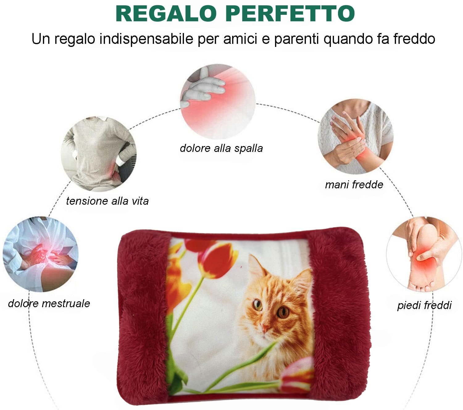 Borsa Acqua Calda Elettriche con Morbida Fodera in Peluche; 500 watt;Temperatura max 75°C;utile come Scaldamani e Scaldapiedi;Ideale per Alleviare Dolori Muscolari,Dorsali e Mestruali(Rosso-Gatto)