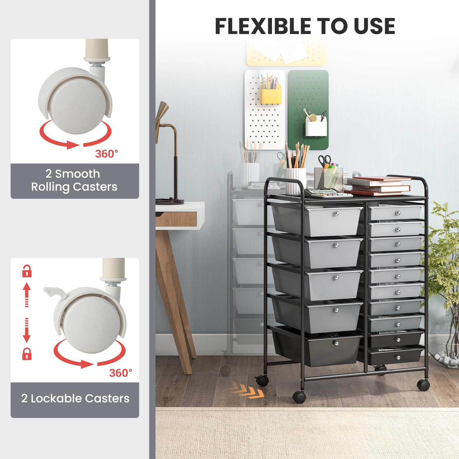 GIANTEX Carrelli Porta Oggetti, con 10+5 Cassetti Impilabili, 2 Ruote Bloccabili, Braccioli Metallici, Portabile e Pratico, per Ufficio, Studio, Cucina,Bagno, 5 Colori Disponibili, 62,5x37x87 cm