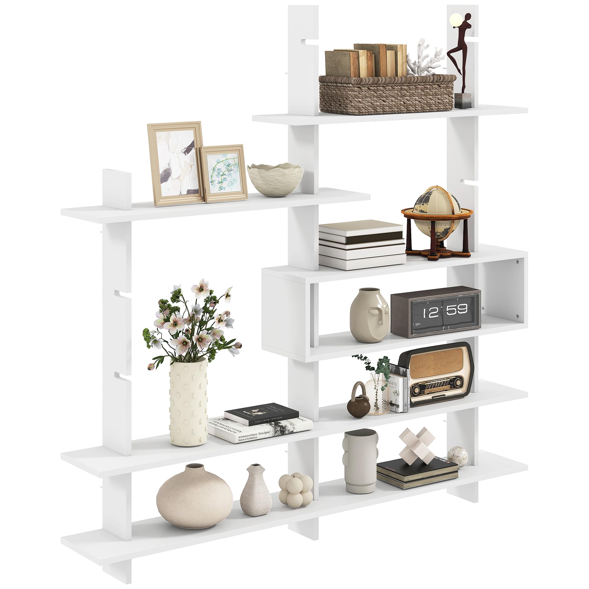 HOMCOM Estantería de Pared, Librería Geométrica con 4 Estantes, Blanco | Compartimento Central Rectangular, Estantes Decorativos, para Salón o Dormitorio