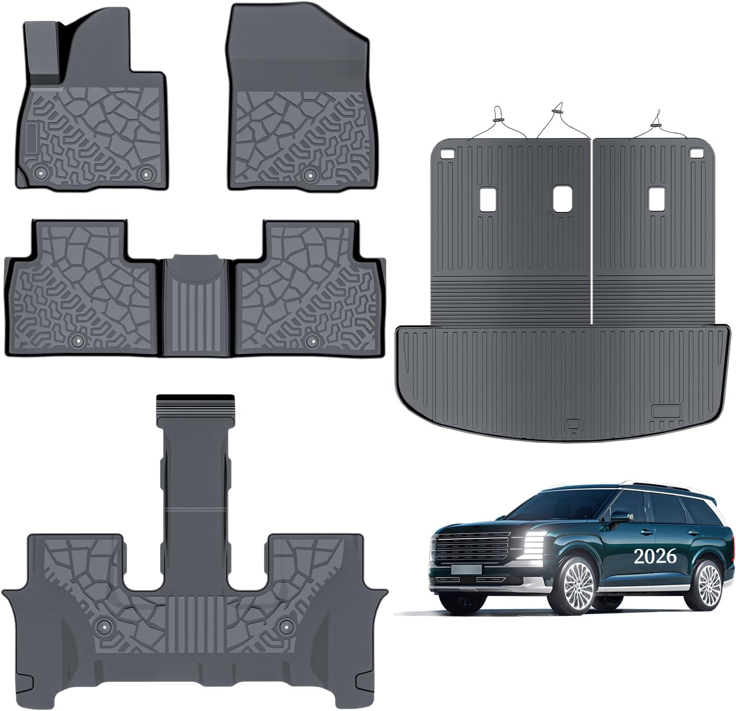 Full Set TPE Floor & Cargo Liners for Hyundai Palisade 2026 Gasoline, Trunk Mat with Seat Back and Waterproof Full Coverage Floor Mats Accessories, Odorless & All-Weather Protection 2026 Hyundai Palisade Car Floor Mats