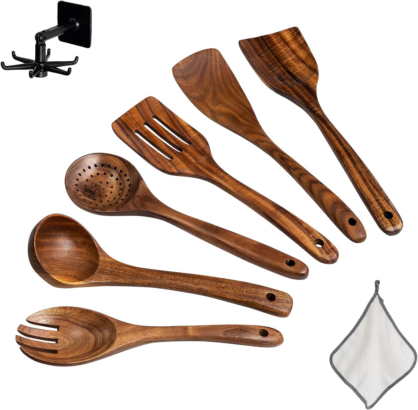 Wooden Spoons for Cooking - 6 Pcs Wooden Utensils for Cooking - Natural Teak Wooden Spoons For Non-stick Pan - Comfortable Grip Wooden Kitchen Utensils Set - With Stand and Cooking Towel