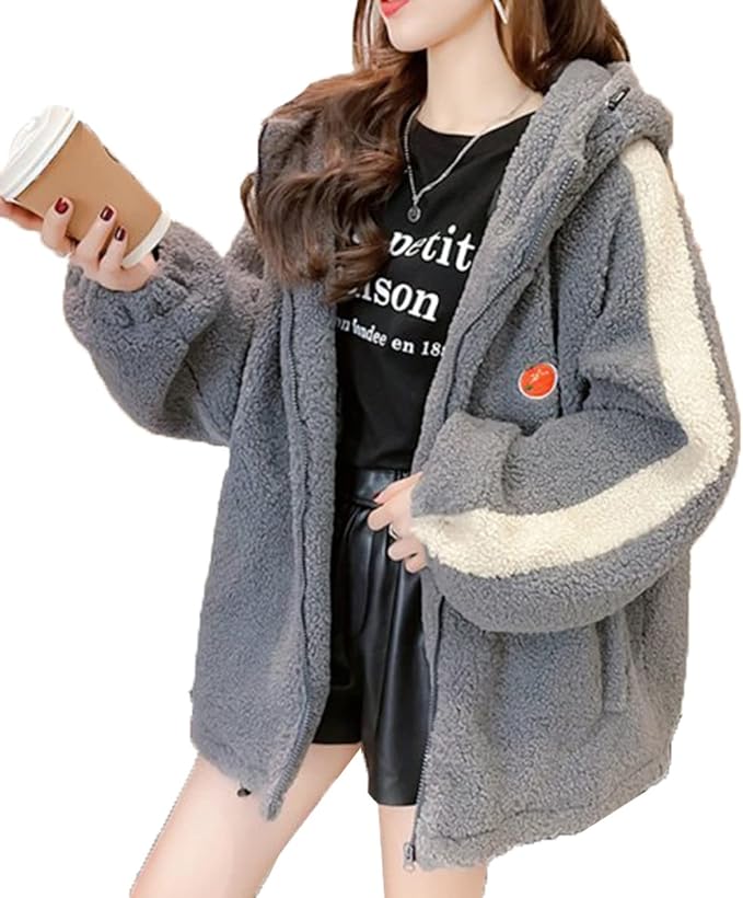 Amazon ボアジャケット ボアフリース ボアブルゾン レディース フード付き フリース オシャレ 可愛い フワフワ もこもこ ファー アウター トップス 防寒コート あったか 大きいサイズ カジュアル おしゃれ カジュアル 秋 冬 コート ジャケット 通販