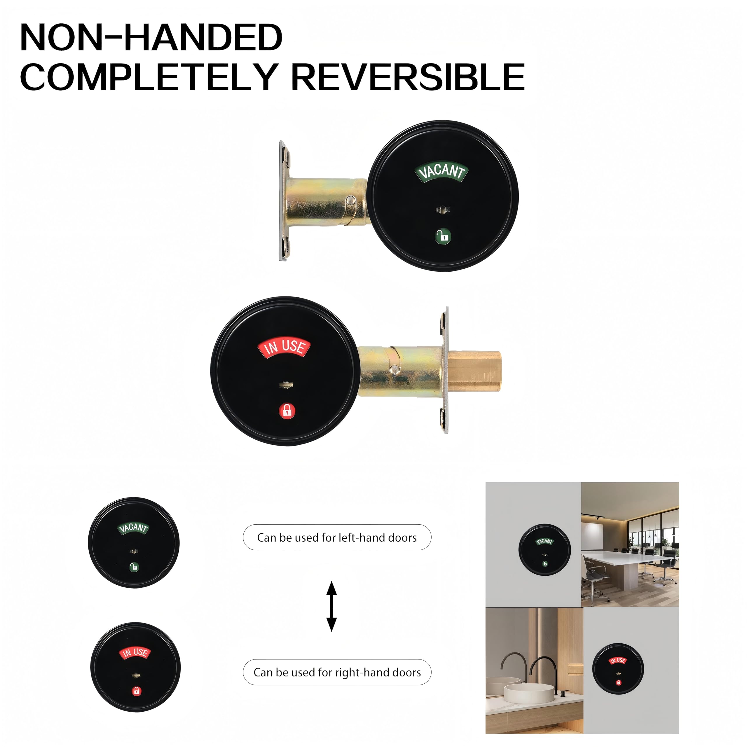 Cerrojo de seguridad de acero inoxidable con indicador negro mate, cerradura de puerta de privacidad de grado comercial, 2 60/70 mm, respaldo transparente en uso o vacío para baños públicos