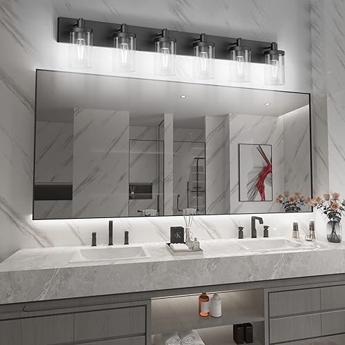 Miniatura 6 de Aipsun Lámpara de tocador de baño negra de 48 pulgadas, 6 lámparas de baño con pantalla de vidrio transparente (no incluye bombilla)