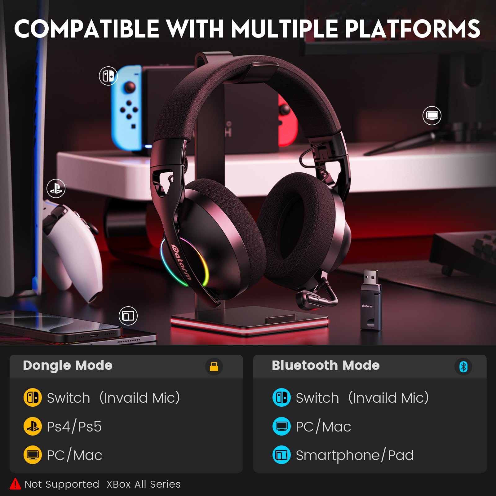DH30 Cascos Gaming Inalambricos para para Ps4, Ps5, PC, Mac, Switch, Auriculares Bluetooth con Micrófono con cancelación de Ruido, Cascos de Juego Plegables con RGB, 210g - Negro