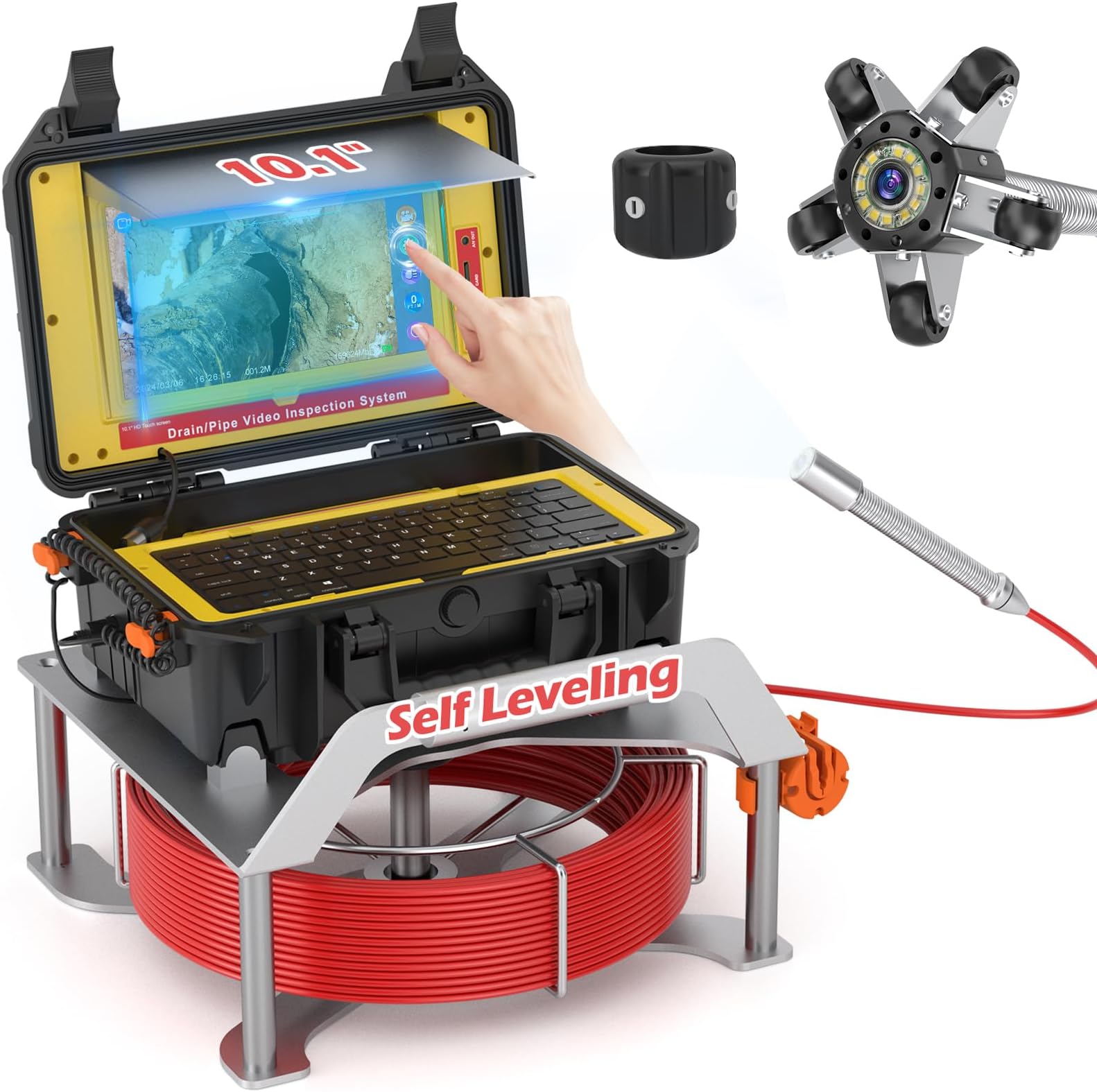 Sanyipace Sewer Camera with 512Hz Locator & Self-Leveling, 7mm Push Cable, IP68 Waterproof Borescope Camera, Wireless Keyboard, Plumbing Camera with Lights, 100FT/30M for Sewer Line Blockage Detection