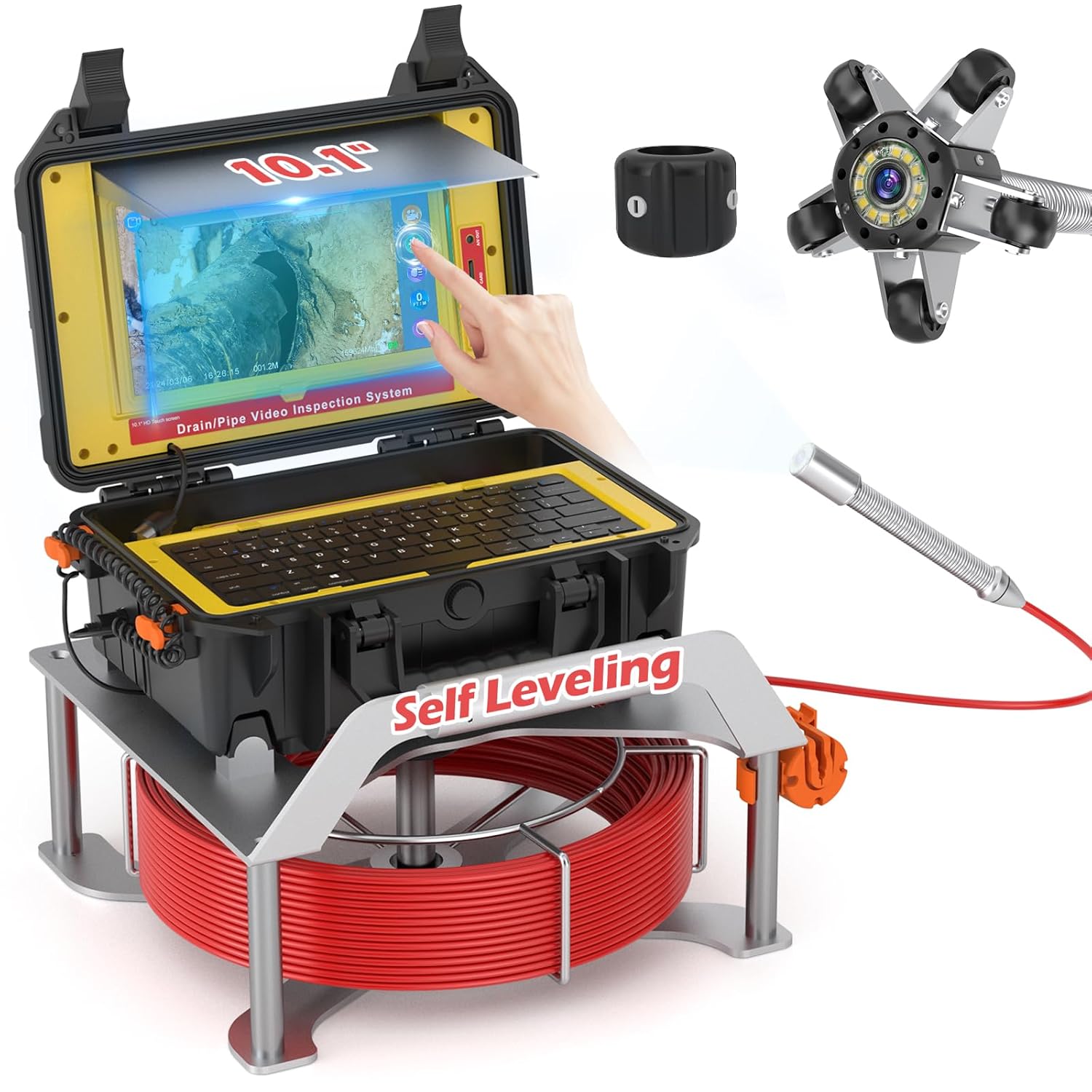 Sanyipace Sewer Camera 100FT, Self-Leveling Drain Camera, 7MM Stiff Cable, 10.1" Touch Screen, 1080P FHD, Waterproof, Black