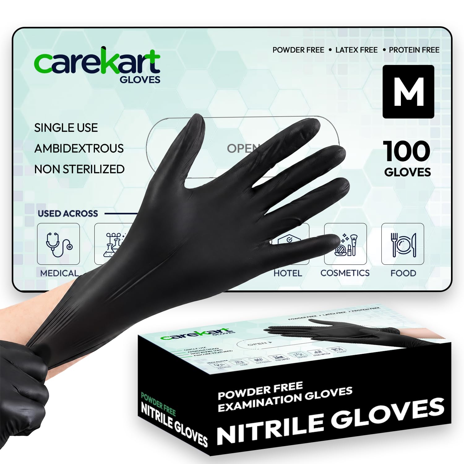 Carekart Powder-Free Black Nitrile Gloves 100 Pcs, Food Grade & Medical Grade Non-Sterile Disposable Gloves for Cooking, Medical - Medium, Pack of 100-image-13