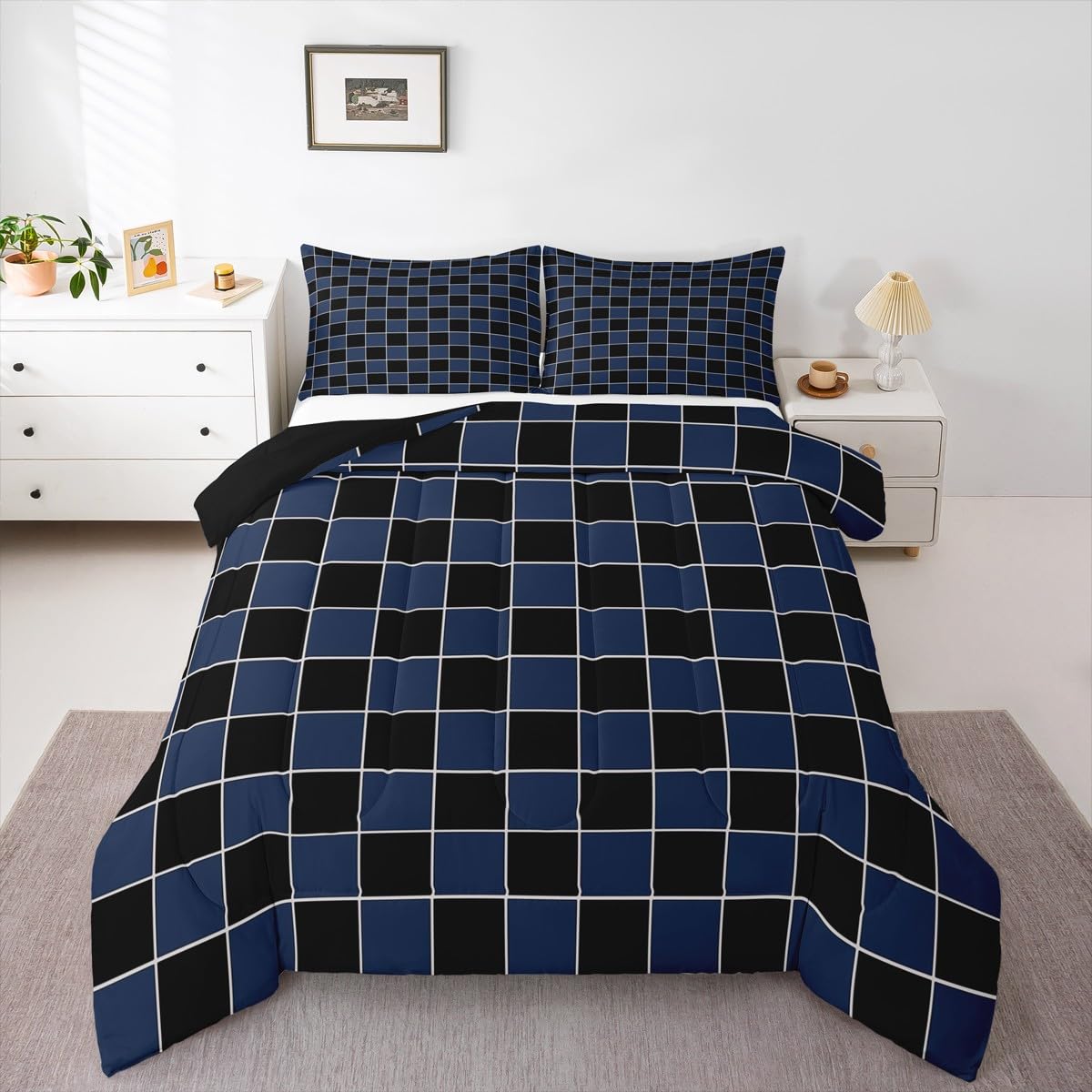 Erosebridal Navy Checkered Twin Comforter Set for Boys Men Black Dark Blue Buffalo Plaid Bedding Set Geometric Gingham Grids Comforter 2 Pcs-Modern Fashion Room Decor-Soft Lightweight