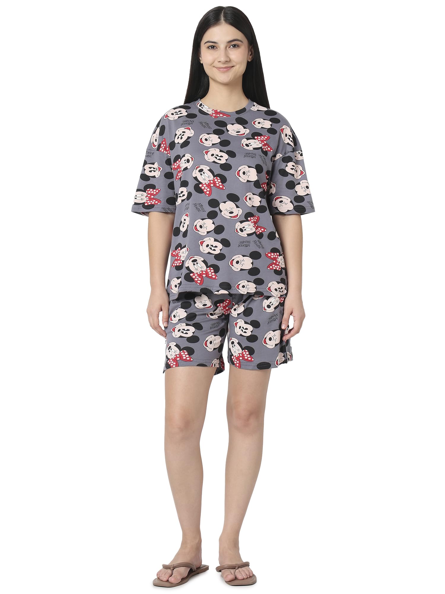 smarty pants Women's Mickey Mouse Cartoon Print Half Sleeve Cotton Night Suit (SMNSP-1187_Grey)-picture-40