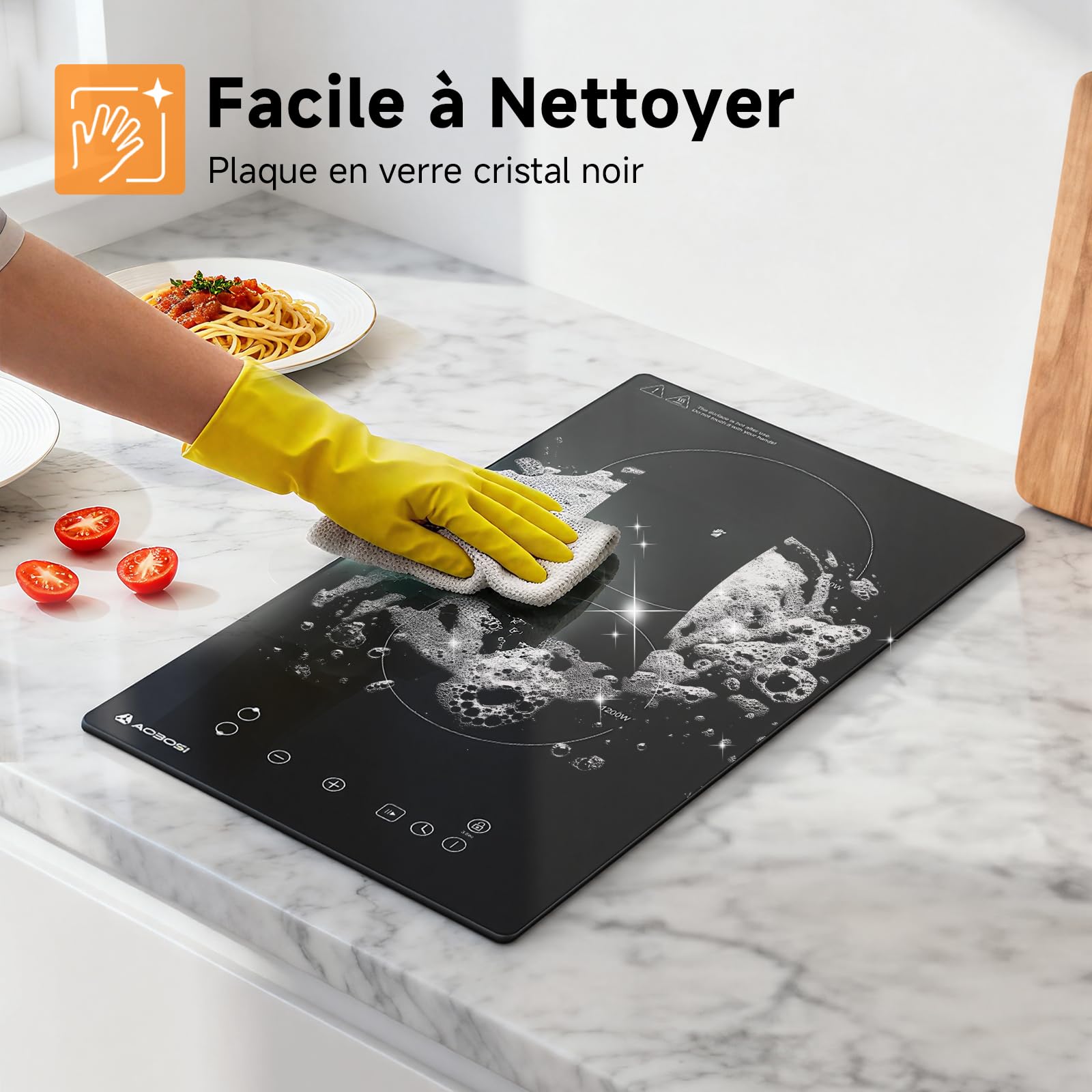 Aobosi Plaque Vitrocéramique 2 Feux, Plaque de Cuisson Encastrable en Céramique avec 9 Niveaux de Puissance, Commande Tactile, Fonction Pause,Sécurité Enfants, Timer 99 min, 3000 W