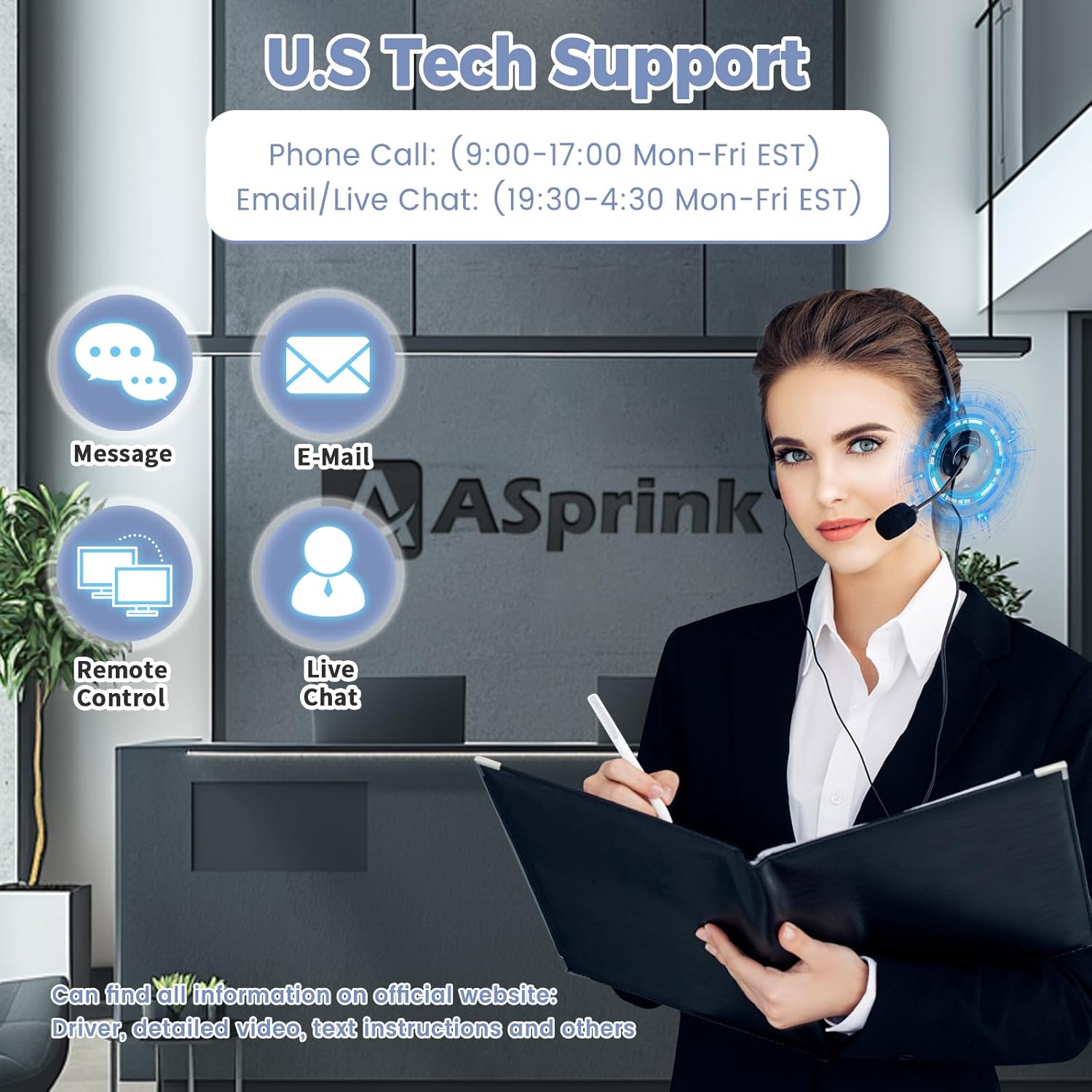 ASprink U.S. Tech Support contact information including phone, email, live chat, and remote control options