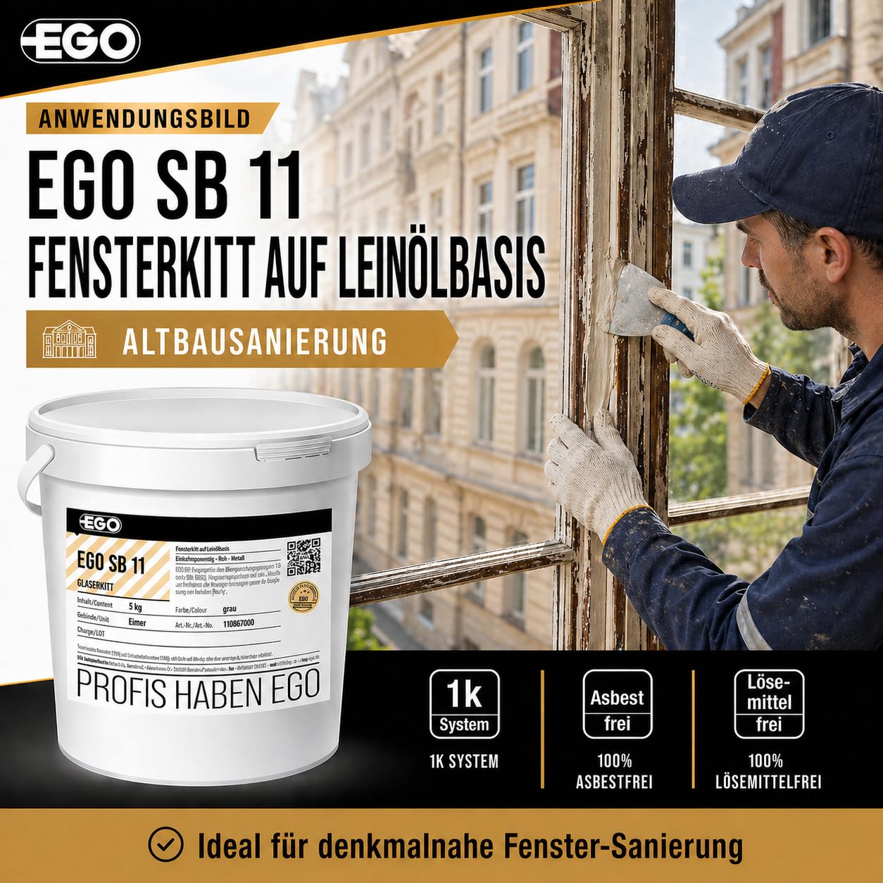 EGO SB 11 Fensterkitt GRAU - 25 kg Metallkübel - Dichtmasse auf Leinölbasis für Einfachverglasung in Holz- und Metallrahmen, lösemittelfrei & asbestfrei