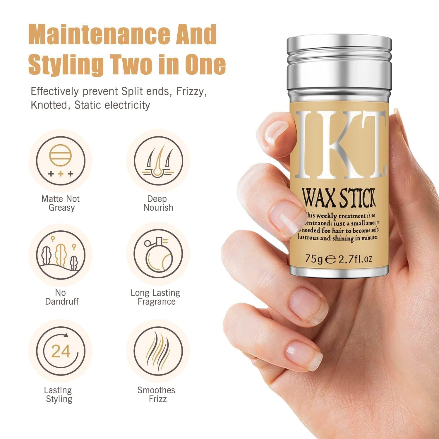 IKT Hair Wax Stick for Women & Men - Hair Slick Back Stick, Anti-Frizz and Fly Away Hair Tamer, No Residue Hair Finishing Stick for Flyaways, All Day Hold Styling Product for Smoothing Hair Strands 75gm. 4