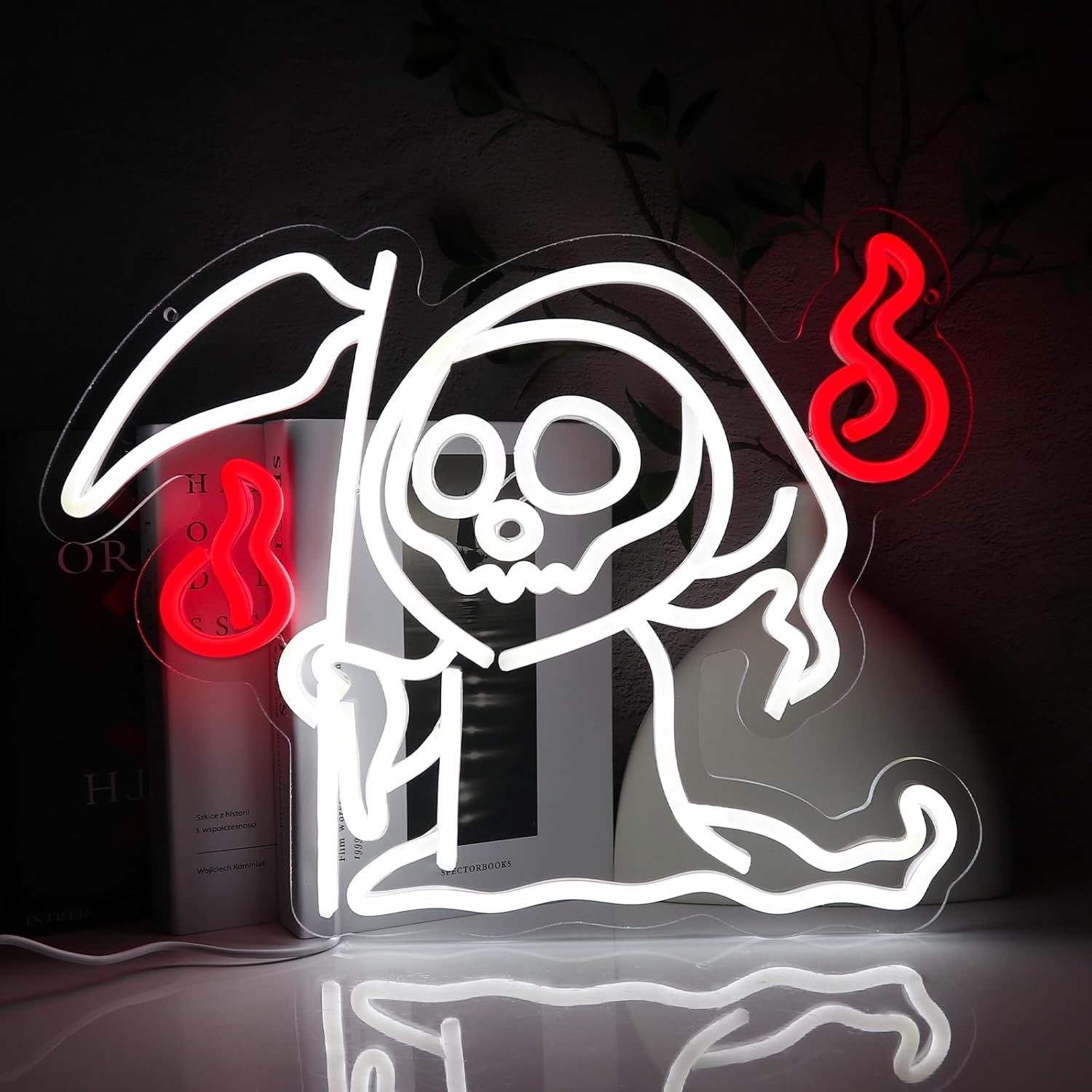 Halloween Neon Sign for Wall Decor, Grim Reaper Skeleton Led Signs for Room, USB Dimmable Skull Neon Lights for Halloween Party Game Zone Man Cave Living Room Business Home Pub Bar Shop