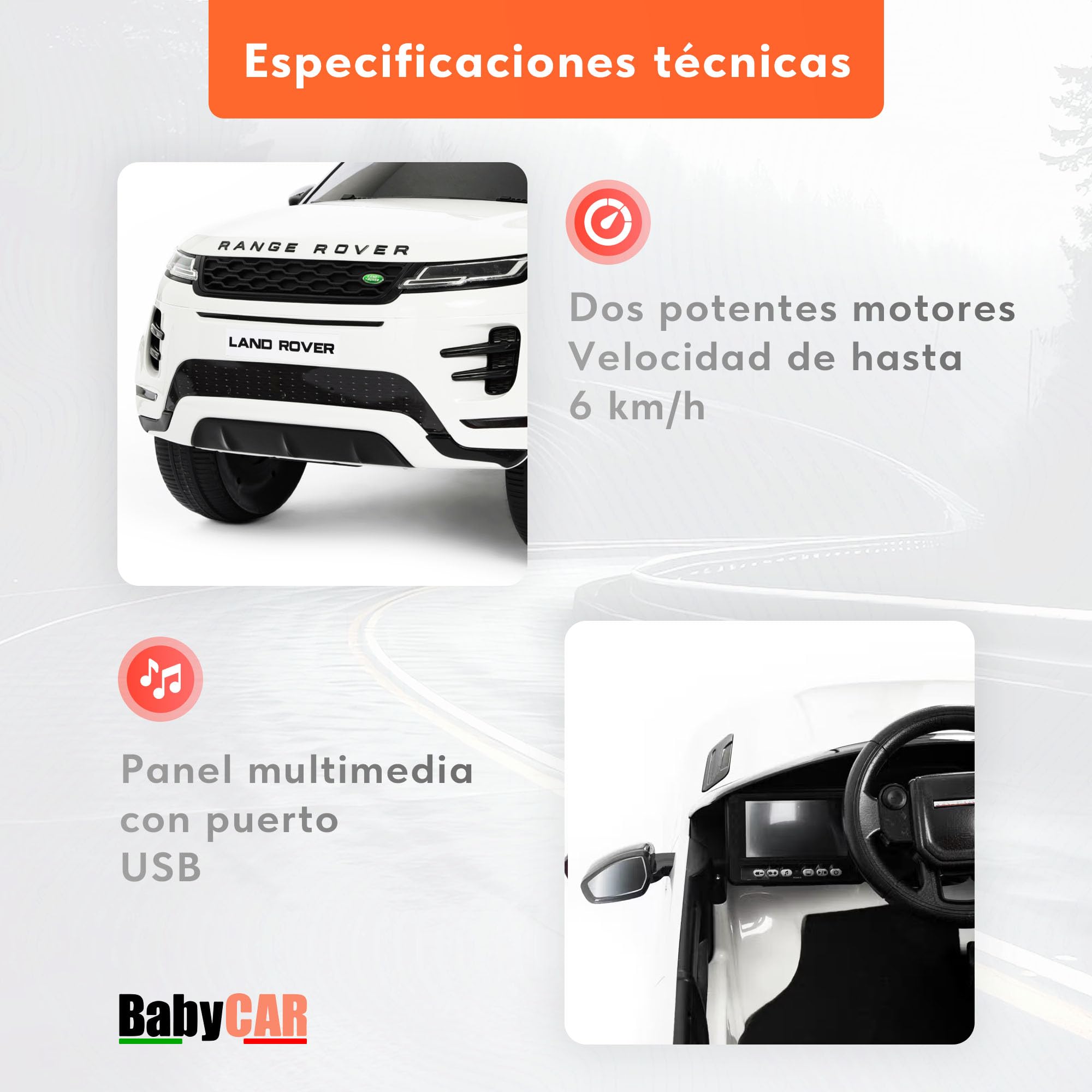 BabyCar Range Rover | Coche electrico para niños 12V con 2 Motores 35W | Coche Bateria con Mando Niño, Asiento de Piel, Puertas abatibles, MP4/USB | Licencia Oficial | Blanco