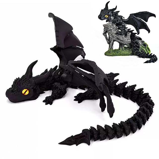 Afufu Dragón Negro 3D Impreso 30cm con Ojos y Alas, Juguete Articulado Antiestrés