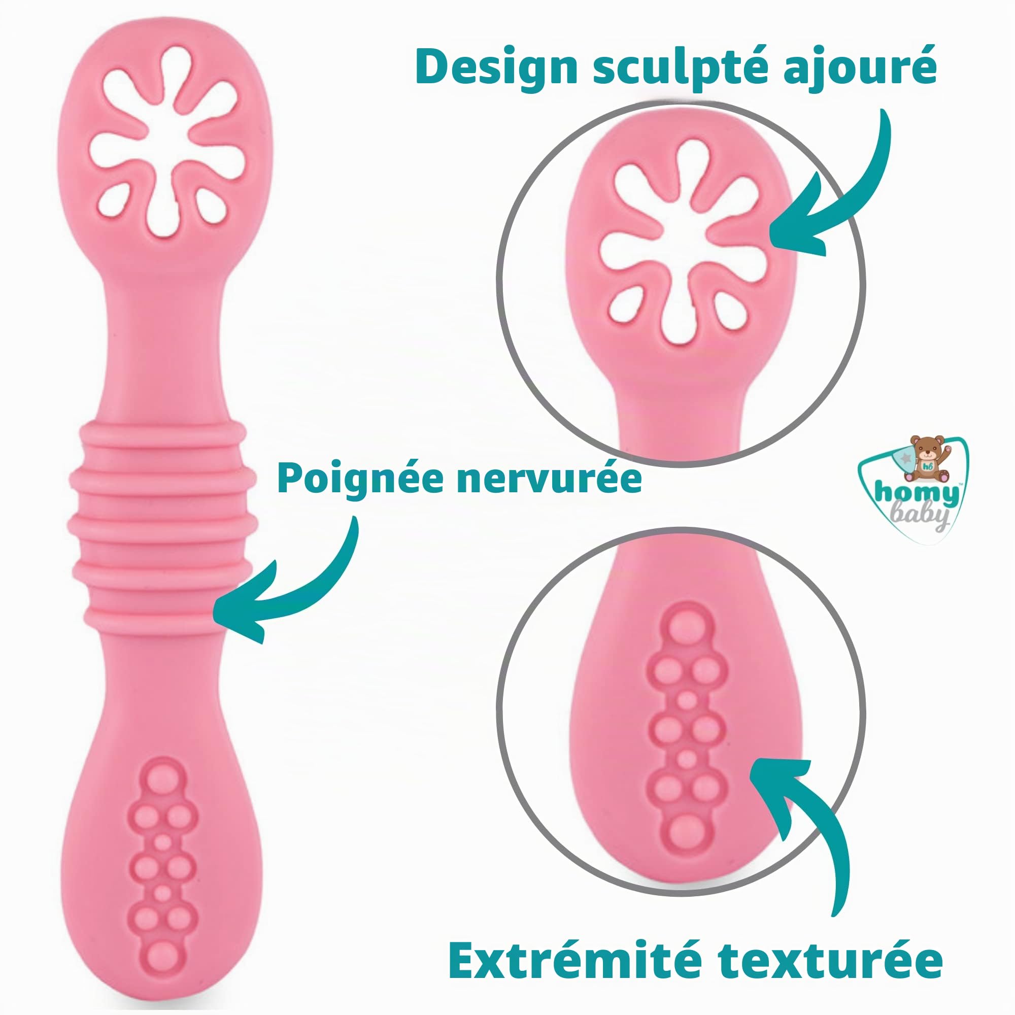 HOMYBABY® Cuilleres Bebe 1er Age - Cuillere Bébé Apprentissage en Silicone Alimentaire LFGB - Pre Cuillere DME bebe - Couverts Adaptés à la Dentition