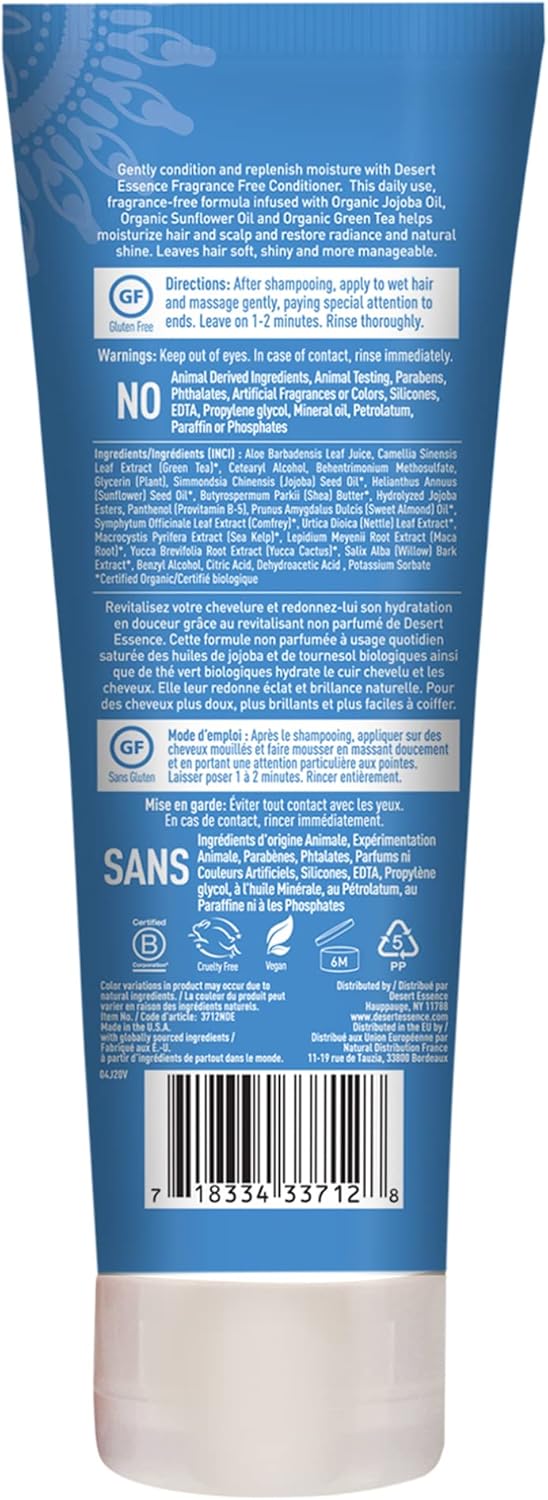 Desert Essence Fragrance Free Conditioner - Pure - 8 Fl Ounce - Pack of 2 - Gloss & Shine - Smoothes & Softens Hair - No Oil Residue - Antioxidants - Green Tea - Jojoba Oil - Vitamin B5
