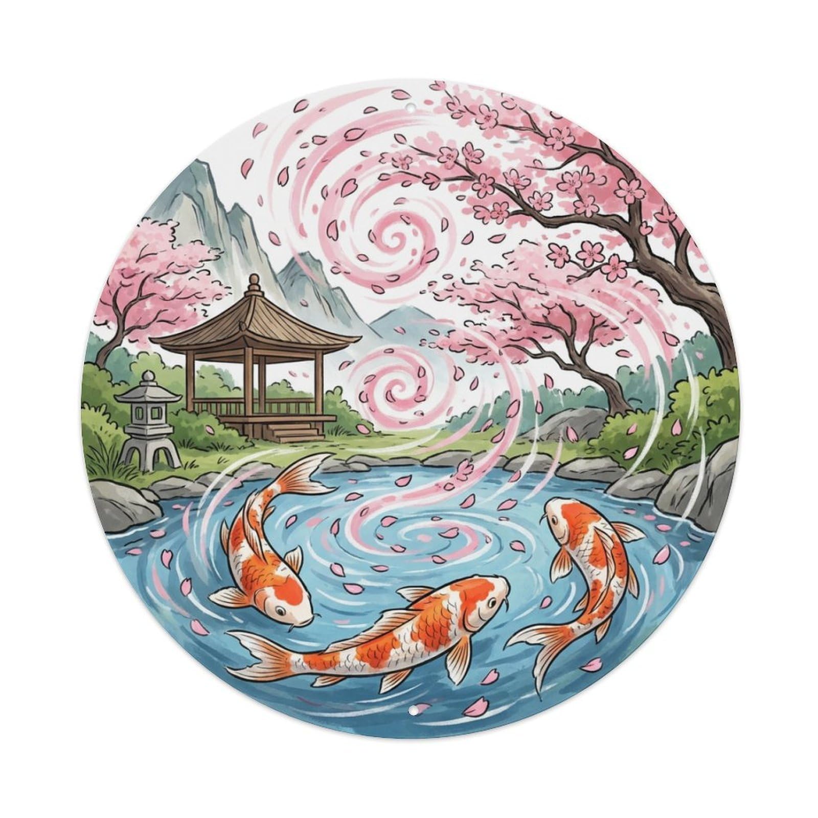 Galvaxio Style Japanese Koi Fish Spring Breeze Petals Swirl Metal Tin Sign