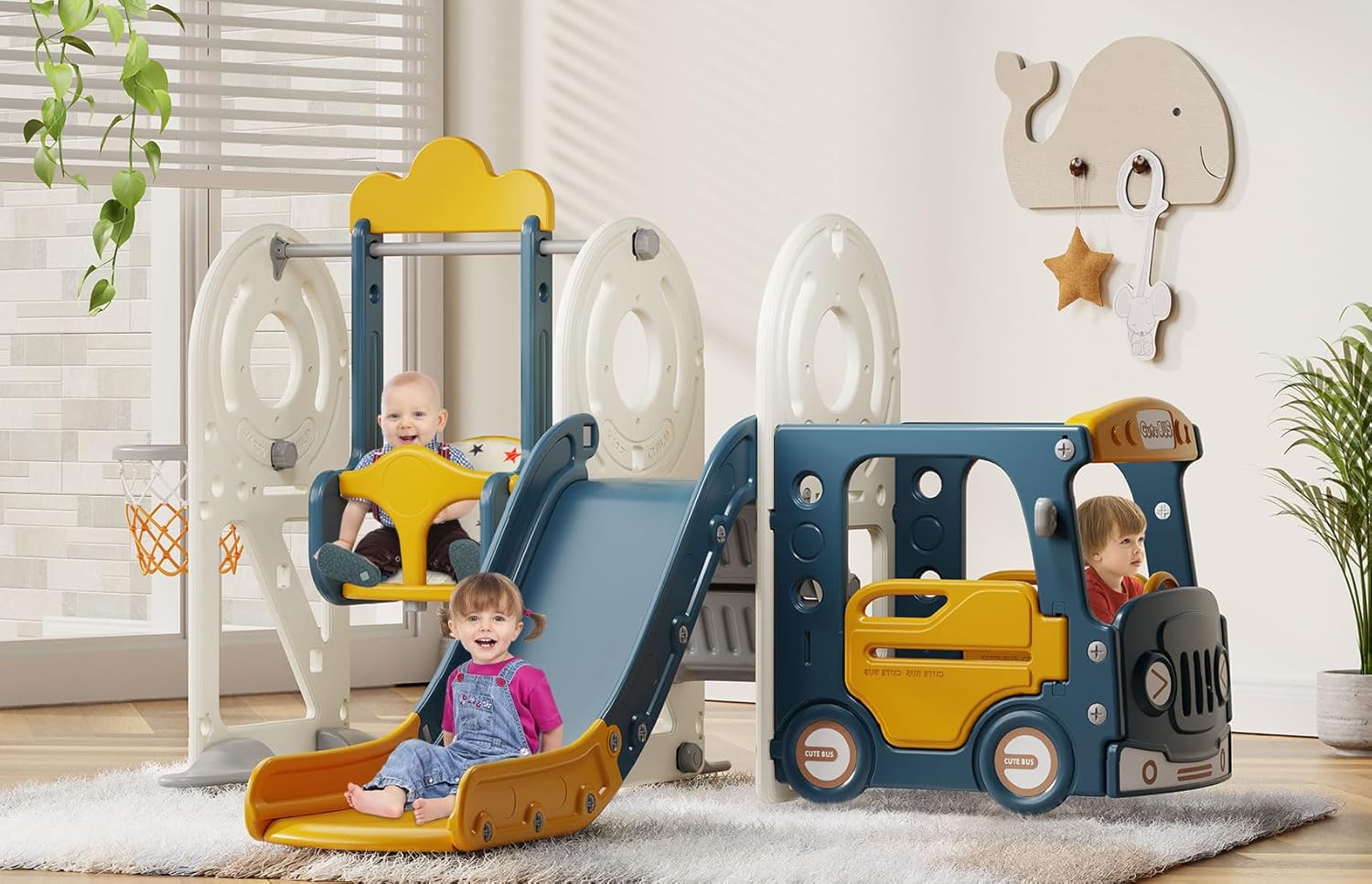 BIERUM Toddler Slide for Toddlers Age 1-3 with Basketball Hoop and Swing, Baby Slide for Kids Ideal Gift, Indoor Outdoor Backyard Playground Blue Yellow